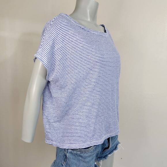 Tahari Blue Striped Linen Oversized Cropped Tee Shirt Size XL - Picture 2 of 9
